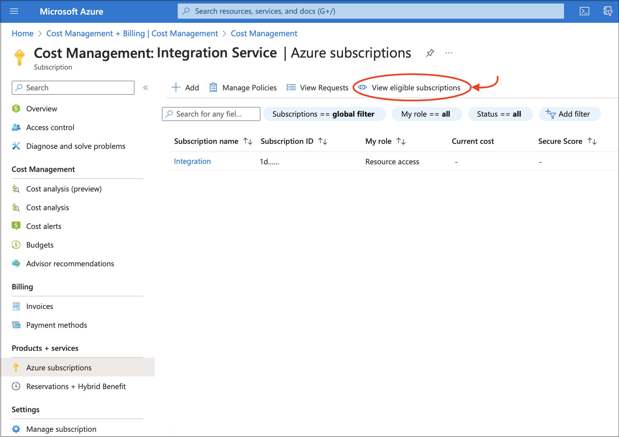 Screenshot der Anzeige berechtigter Abonnements auf der Seite „Cost Management: Integrationsdienst“.