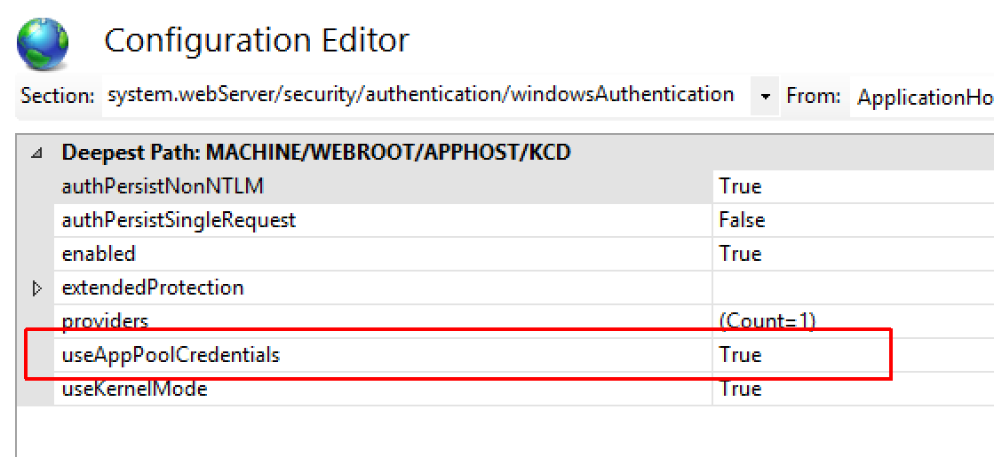 Option für Anmeldeinformationen der Anwendungspools der IIS-Konfiguration