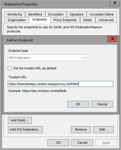 Add an Endpoint - set Trusted URL value - screenshot