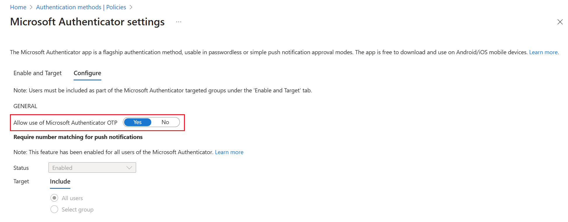 Screenshot von Microsoft Authenticator OTP.