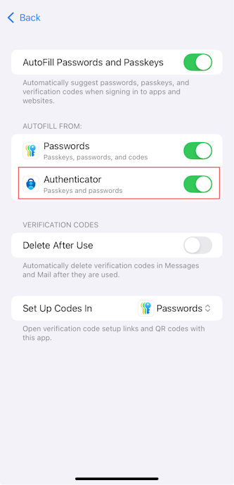 Screenshot: Option „Passkey aktivieren“ in Authenticator für iOS-Geräte.