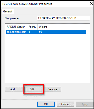 Auswählen der IP-Adresse oder des Namens des zuvor konfigurierten NPS-Servers