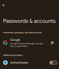 Screenshot mit der Auswahl von Kennwörtern und Kennwortoptionen mithilfe von Authenticator für Android-Geräte.