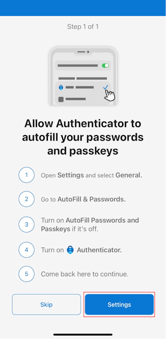 Screenshot: Öffnen von Einstellungen, um die Anweisungen auf dem Bildschirm mithilfe von Authenticator für iOS-Geräte zu befolgen.