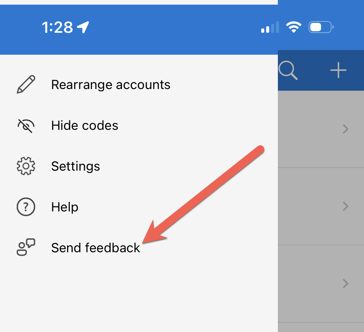 Screenshot, der die Position der Option „Feedback senden“ in der Microsoft Authenticator-App zeigt.