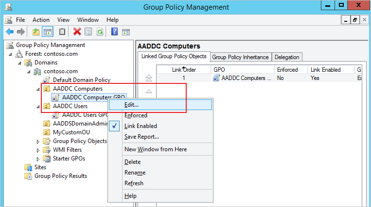 Wählen Sie die Option zum Bearbeiten eines der integrierten Gruppenrichtlinienobjekte aus.