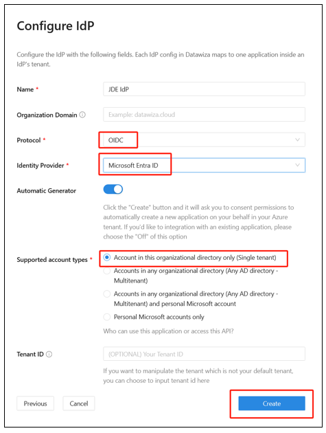 Screenshot der Einträge „Protocol“ (Protokoll), „Identity Provider“ (Identitätsanbieter) und „Supported account types“ (Unterstützte Kontotypen) sowie der Schaltfläche „Create“ (Erstellen)