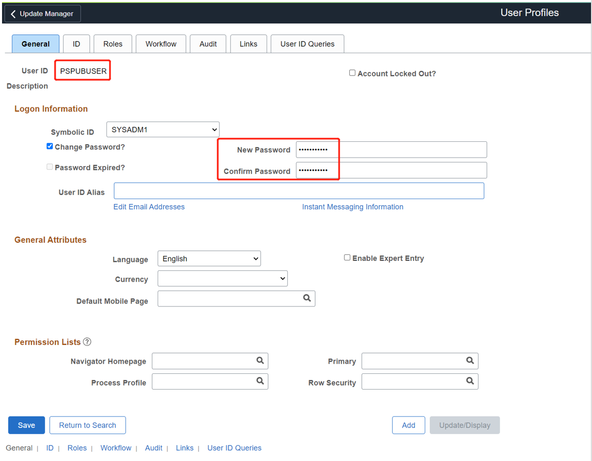 Screenshot: PSPUBUSER-Benutzer-ID und Option zum Ändern des Kennworts