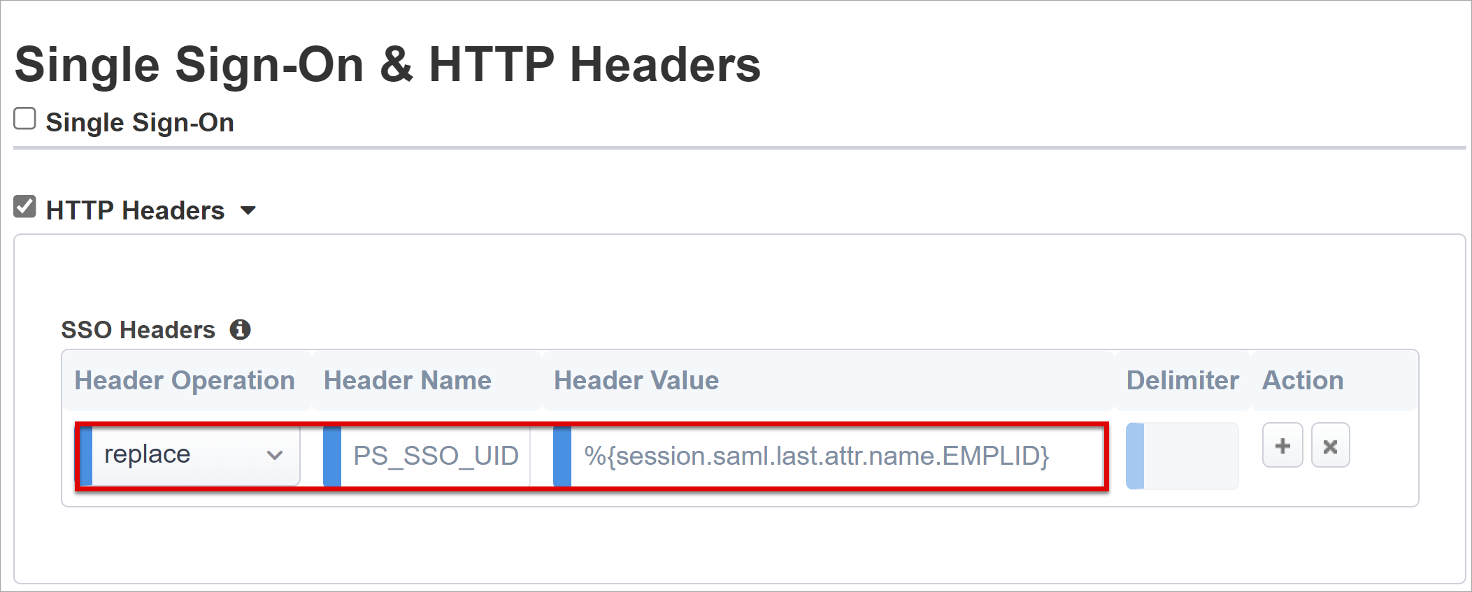 Screenshot: Einträge für „Headervorgang“, „Headername“ und „Headerwert“ unter „Einmaliges Anmelden und HTTP-Header“.