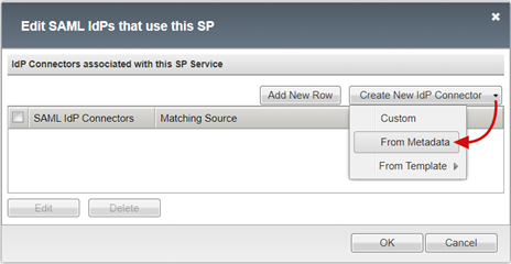 Screenshot der Option „From Metadata“ (Aus Metadaten) im Dropdownmenü „Create New IdP Connection“ (Neuen IdP-Connector erstellen).