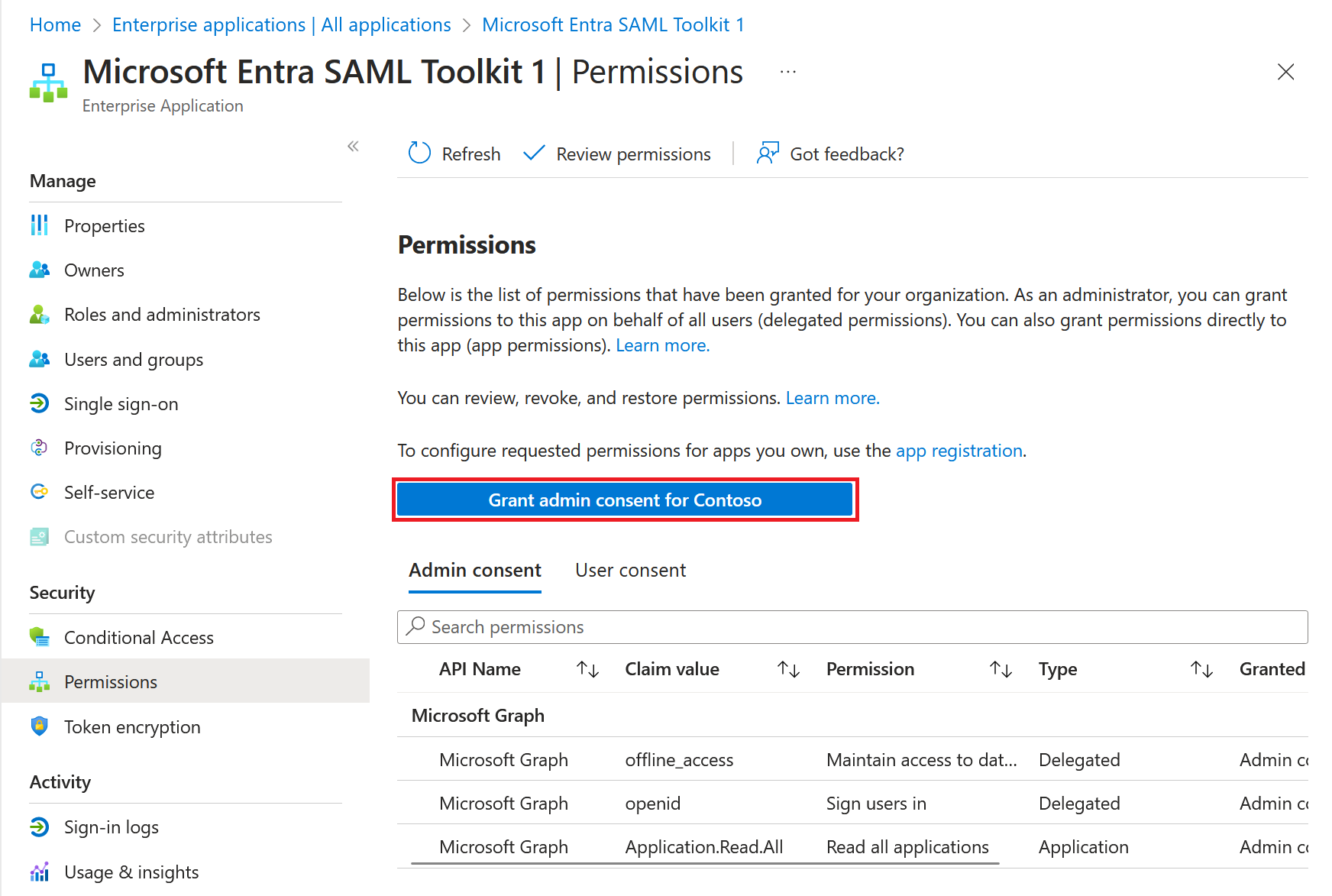 Screenshot: Erteilen der mandantenweiten Administratoreinwilligung.