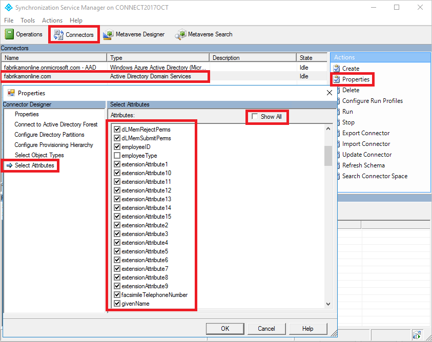 Screenshot: Synchronization Service Manager und Dialogfeld „Eigenschaften“, in dem die Liste „Attribute“ hervorgehoben ist