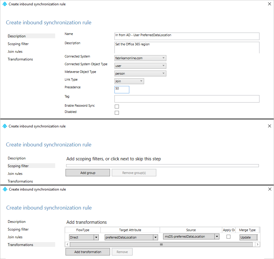 Screenshot des Erstellens einer Synchronisierungsregel für eingehende Daten