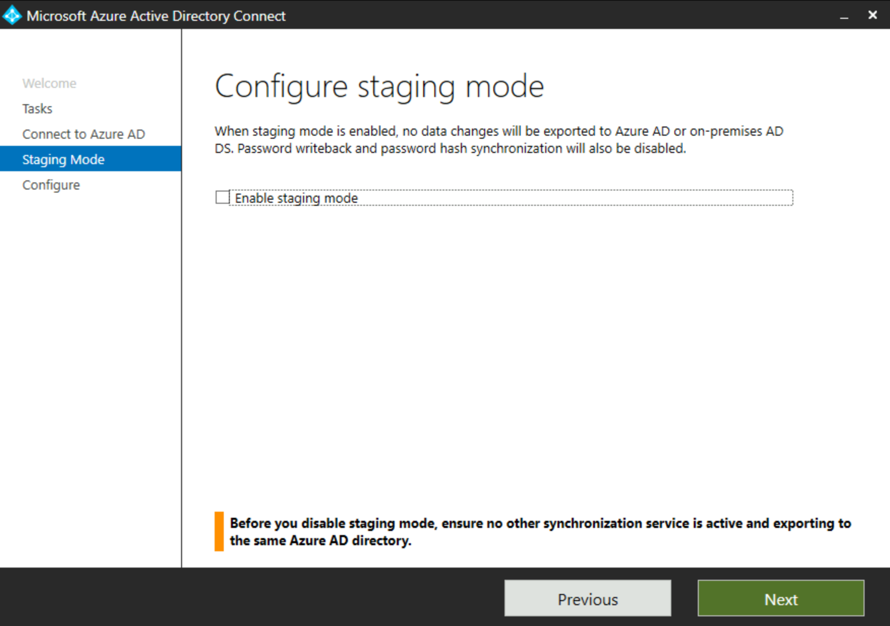 Screenshot der Konfiguration des Stagingmodus im Azure AD Connect-Dialogfeld des Stagingservers.