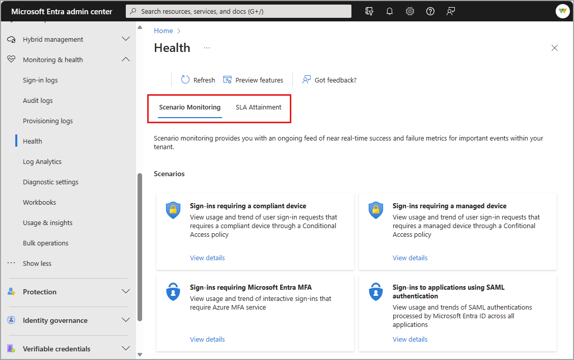 Screenshot der Landing Page von Microsoft Entra Health.