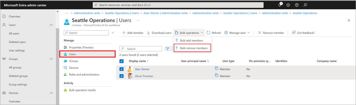 Screenshot: Link „Bulk remove members“ (Massenentfernung von Mitgliedern) im Bereich „Benutzer“