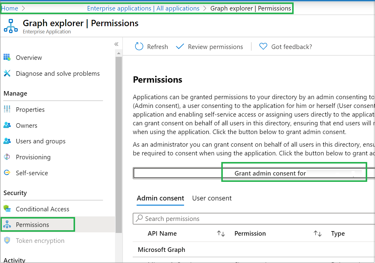 Screenshot: Link „Grant admin consent for Graph explorer“ (Administratoreinwilligung für Graph-Tester erteilen)