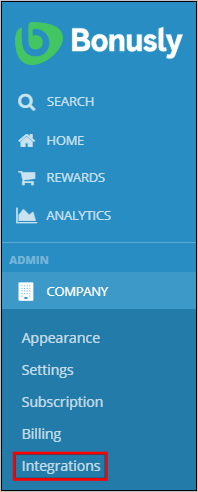 Screenshot des Bonusly-Menüs. Unter „Admin“ (Administrator) ist „Company“ (Unternehmen) hervorgehoben. Unter „Company“ (Unternehmen) ist „Integrations“ (Integrationen) hervorgehoben.