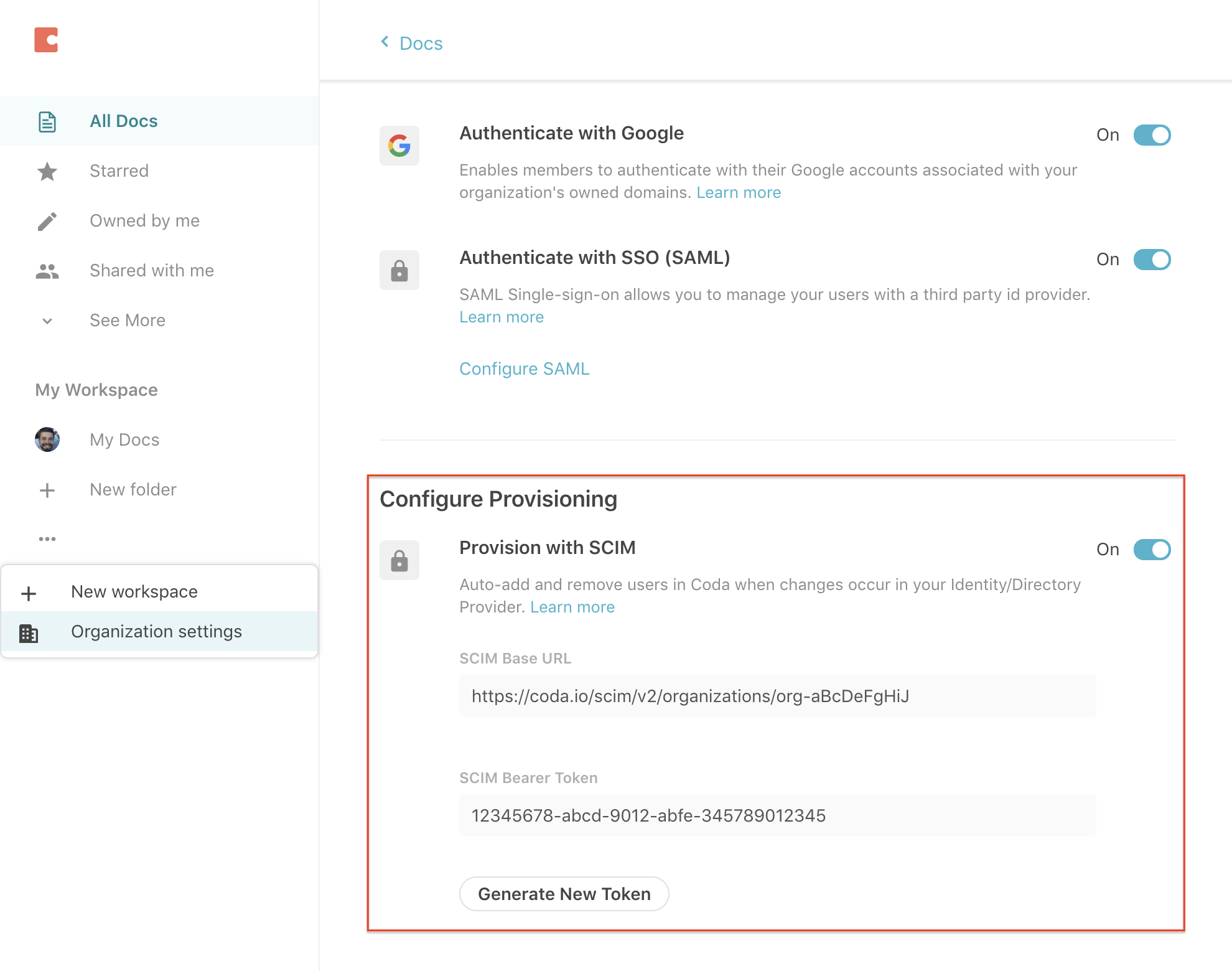 SCIM-Einstellungen der Coda Enterprise-Organisation