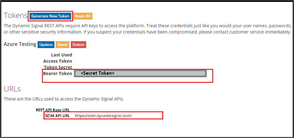 Screenshot der Tokenseite. Hervorgehoben sind „SCIM API URI“, „Neues Token generieren“ und „Bearertoken“ sowie ein Platzhalter im Feld „Bearertoken“.