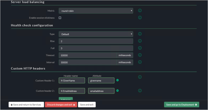 Screenshot der Registerkarte „Advanced Settings“ (Erweiterte Einstellungen) der Akamai EAA-Konsole mit der Schaltfläche „Save“ (Speichern) und der Schaltfläche zum Wechseln zu „Deployment“ (Bereitstellung) in der unteren rechten Ecke.