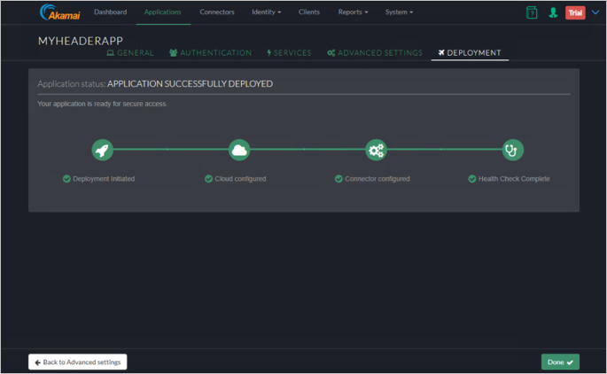 Screenshot der Registerkarte „Deployment“ (Bereitstellung) der Akamai EAA-Konsole mit der Anwendungsstatusmeldung: „Application Successfully Deployed“ (Anwendung erfolgreich bereitgestellt).