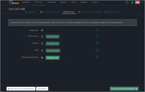 Screenshot der Registerkarte „Services“ (Dienste) der Akamai EAA-Konsole für SSH-SECURE mit der Schaltfläche „Save“ (Speichern) und der Schaltfläche zum Wechseln zu „Advanced Settings“ (Erweiterte Einstellungen) in der unteren rechten Ecke.