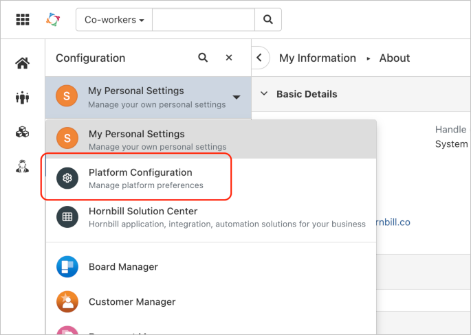 Screenshot shows the Hornbill platform configuration.