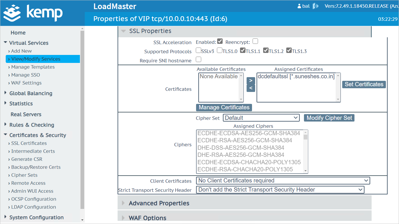 Screenshot: Abschnitt „SSL Properties“ (SSL-Eigenschaften) mit Auswahl der Option „SSL Acceleration“ > „Enabled“ (SSL-Beschleunigung > Aktiviert) und eines Beispielzertifikats