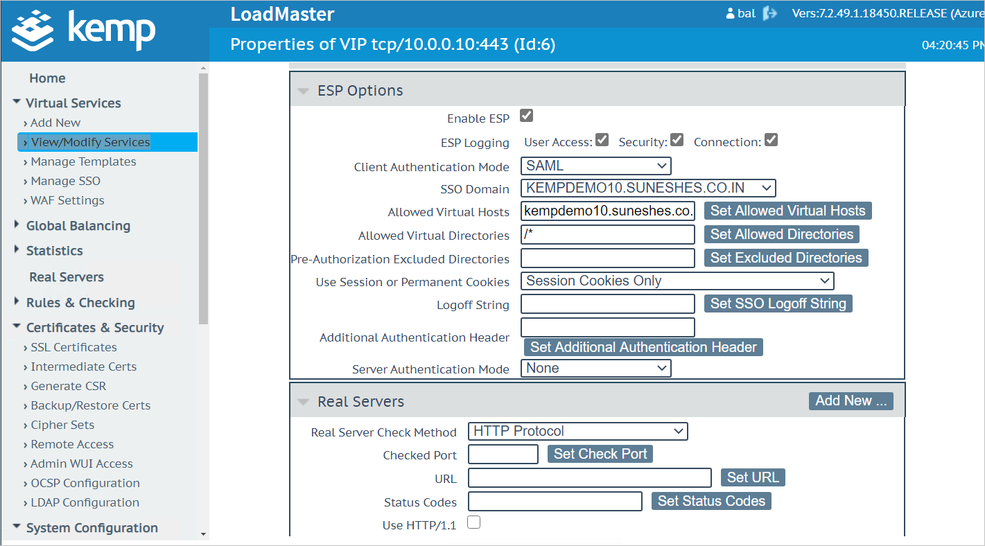 Screenshot: Seite „View/Modify Services“ (Dienste anzeigen/ändern) mit den erweiterten Abschnitten „ESP Options“ (ESP-Optionen) und „Real Servers“ (Echte Server)