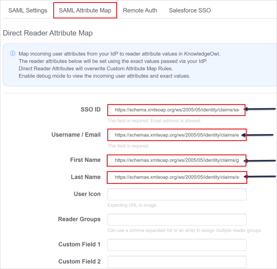 Screenshot shows Map SAML Attributes where you can make the changes described here.