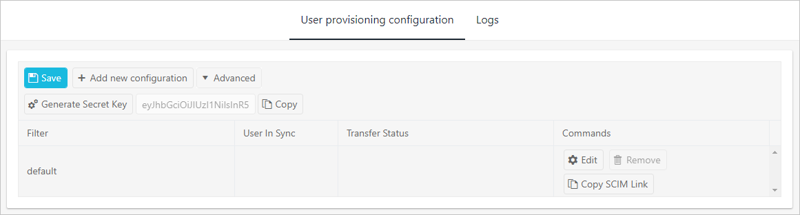 Screenshot: Registerkarte „User provisioning configuration“ (Konfiguration der Benutzerbereitstellung) in der MediusFlow-Verwaltungskonsole. Die Schaltfläche „Speichern“ ist hervorgehoben.