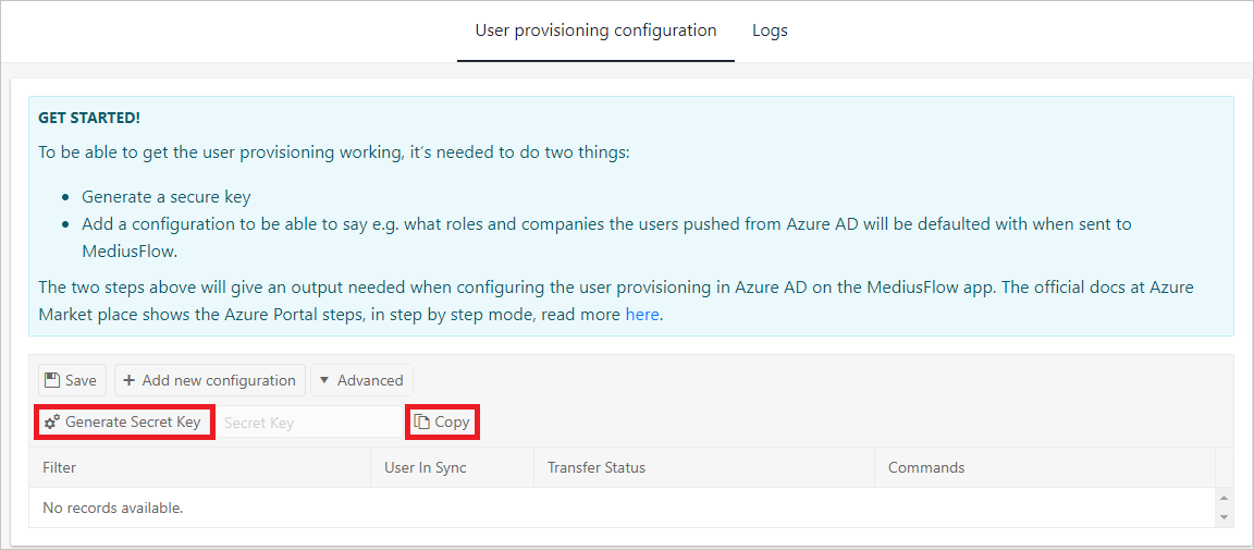 Screenshot: Registerkarte „User provisioning configuration“ (Konfiguration der Benutzerbereitstellung) in der MediusFlow-Verwaltungskonsole. Die Schaltflächen „Generate secret key“ (Geheimen Schlüssel generieren) und „Copy“ (Kopieren) sind hervorgehoben.