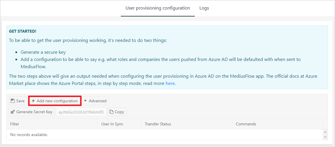 Screenshot: Registerkarte „User provisioning configuration“ (Konfiguration der Benutzerbereitstellung) in der MediusFlow-Verwaltungskonsole. Die Schaltfläche „Add new configuration“ (Neue Konfiguration hinzufügen) ist hervorgehoben.