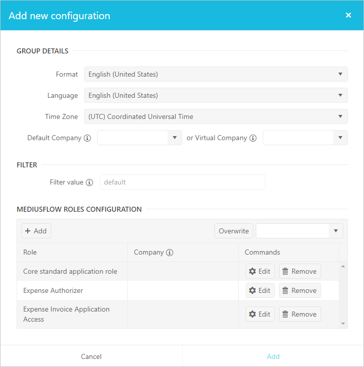 Screenshot: Fenster „Add new configuration“ (Neue Konfiguration hinzufügen) in MediusFlow. Viele Einstellungen sind sichtbar, einschließlich Gebietsschemaeinstellungen, ein Filter und Benutzerrollen.