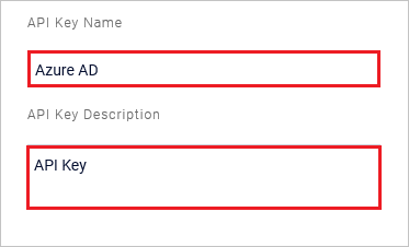 Screenshot der Verwaltungskonsole von Meta Networks Connector mit hervorgehobenen Werten für API-Schlüsselname und API-Schlüsselbeschreibung für den Microsoft Entra ID- und API-Schlüssel.