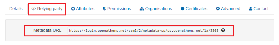 Screenshot: Ausgewählte Registerkarte „Relying party“ (Vertrauende Seite) und hervorgehobene Option „Metadata URL“ (Metadaten-URL)