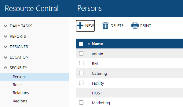 Screenshot: Bereich „Persons“ (Personen) in Resource Central, in dem die Schaltfläche „New“ (Neu) hervorgehoben ist