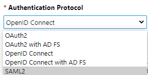 Screenshot: Option „SAML2“ unter „Authentication Protocol“ (Authentifizierungsprotokoll) in Resource Central ausgewählt