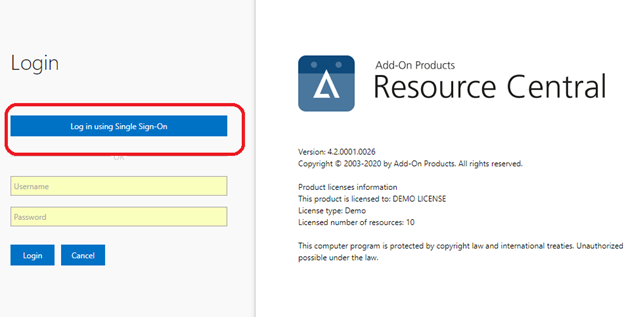 Screenshot: Resource Central-Webseite zum Testen des einmaligen Anmeldens