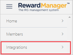 Screenshot der Reward Gateway-Verwaltungskonsole mit hervorgehobener Option „Integrations“ (Integrationen).