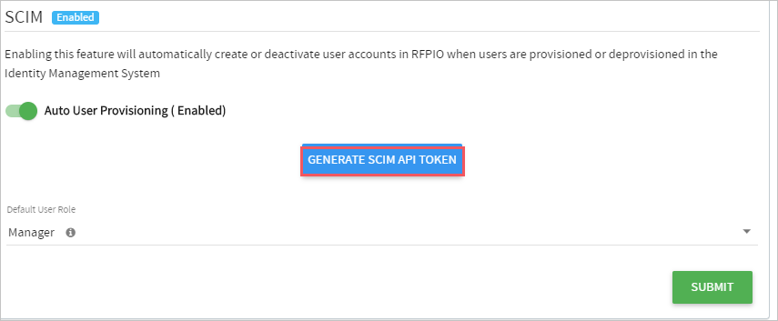 Screenshot des Abschnitts „SCIM“ mit hervorgehobener Option „GENERATE SCIM API TOKEN“ (SCIM-API-Token generieren).