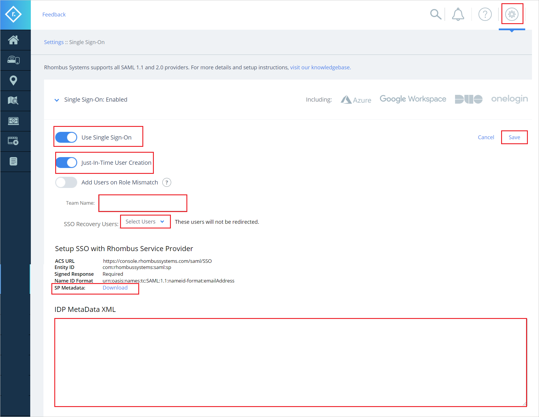 Screenshot shows settings of SSO configuration.