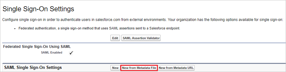 Screenshot: Seite „Single Sign-On Settings“ (Einstellungen für einmaliges Anmelden), auf der die Schaltfläche „New from Metadata File“ (Neu aus Metadatendatei) ausgewählt ist