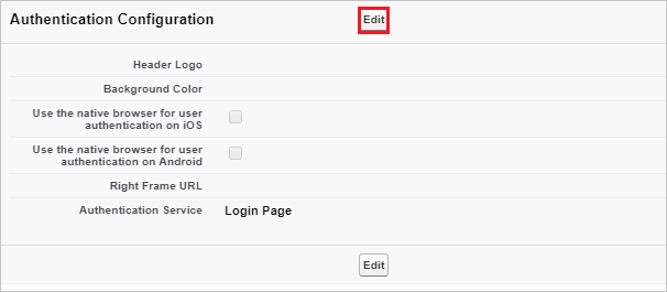 Screenshot: Abschnitt „Authentication Configuration“ (Authentifizierungskonfiguration), in dem die Schaltfläche „Edit“ (Bearbeiten) ausgewählt ist