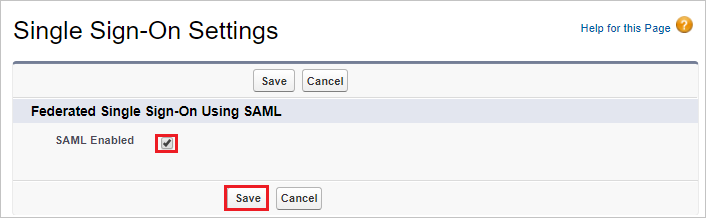 Screenshot: Seite „Single Sign-On Settings“ (Einstellungen für einmaliges Anmelden), auf der das Kontrollkästchen „SAML Enabled“ (SAML aktiviert) und die Schaltfläche „Save“ (Speichern) ausgewählt sind