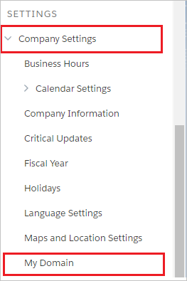 Screenshot, auf dem im linken Navigationsbereich „Company Settings“ (Unternehmenseinstellungen) und „My Domain“ (Meine Domäne) ausgewählt sind