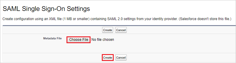 Screenshot: Seite „Single Sign-On Settings“ (Einstellungen für einmaliges Anmelden), auf der die Schaltflächen „Choose File“ (Datei auswählen) und „Create“ (Erstellen) ausgewählt sind