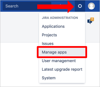 Screenshot: Pfeil, der auf das Zahnradsymbol zeigt, und ausgewählte Option „Manage apps“ (Apps verwalten) in der Dropdownliste