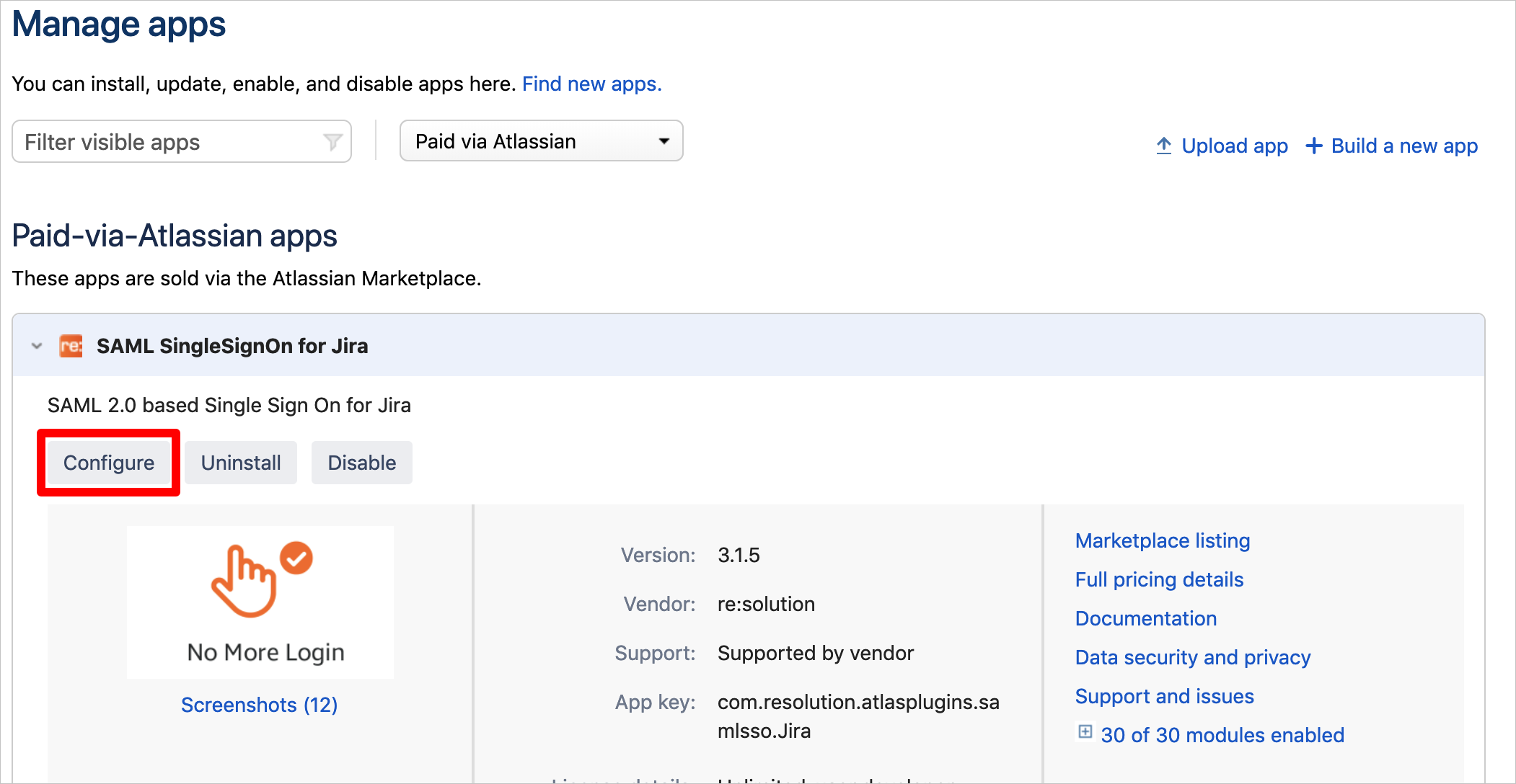 Screenshot: Seite „Manage apps“ (Apps verwalten) mit ausgewählter Schaltfläche „Configure“ (Konfigurieren) für die App „SAML SingleSignOn for Jira“